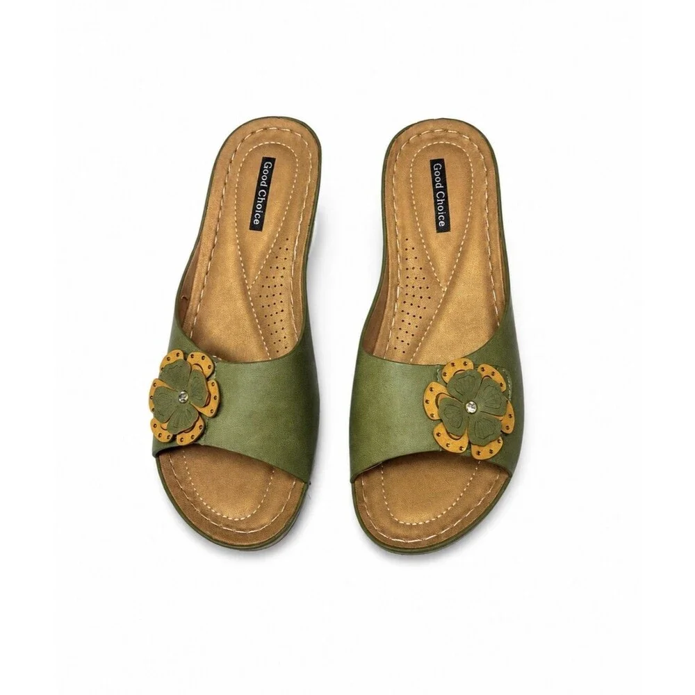 Good Choice Women's Naples Flower Wedge Sandals Size 8.5 Green Tan